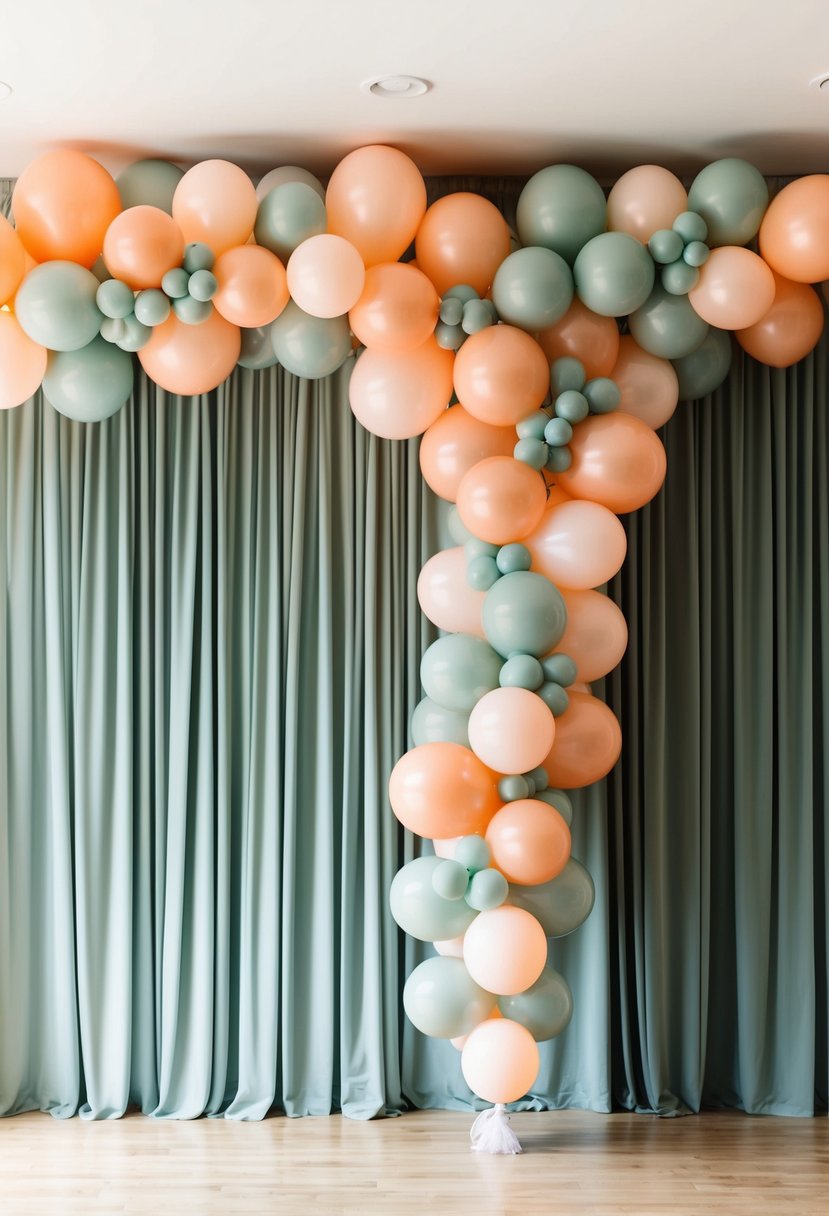 A lush balloon garland in peach and sage hues drapes elegantly across a sage green wedding backdrop