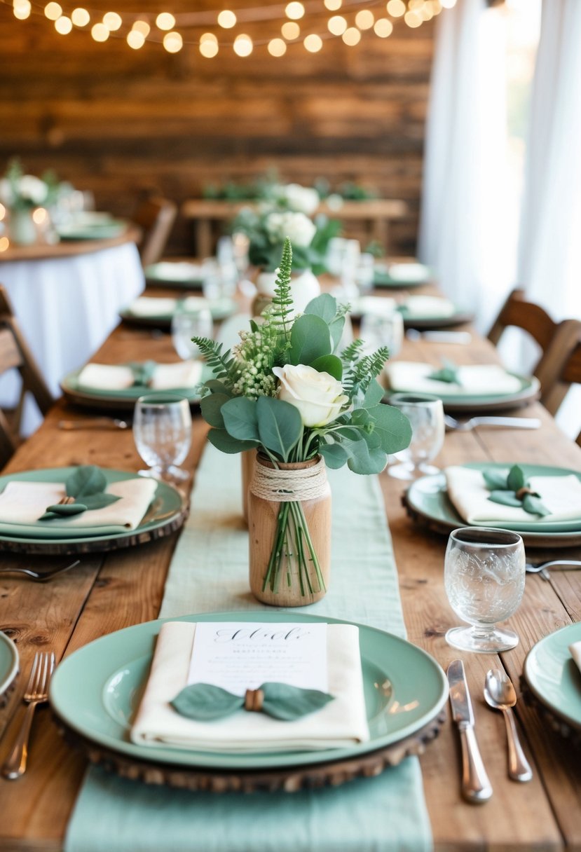 A wooden table adorned with sage green decor for a rustic wedding