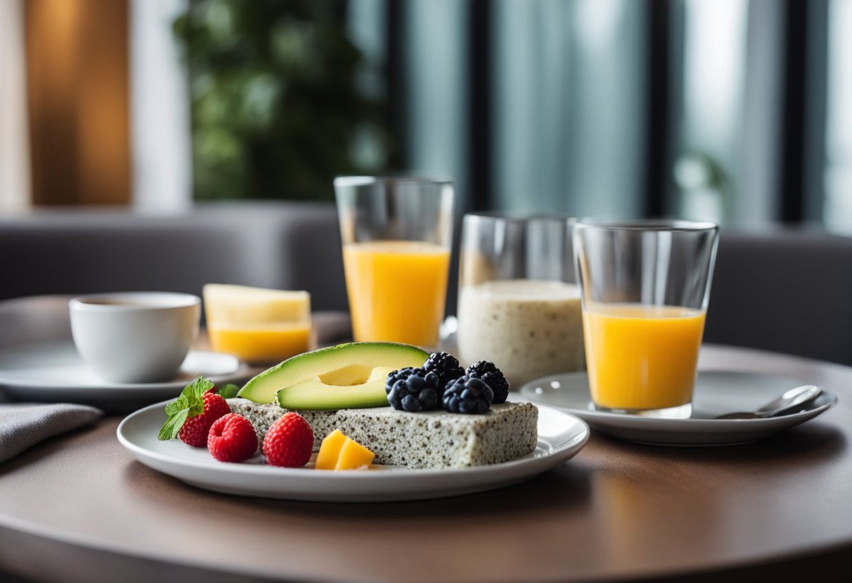 A hotel room breakfast tray with a low-carb chia seed pudding, accompanied by keto-friendly options like avocado, cheese, and berries