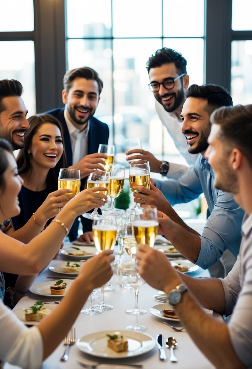 A group of friends gathers around a table, clinking glasses and laughing, as they brainstorm ideas for a personalized wedding surprise for the bride and groom