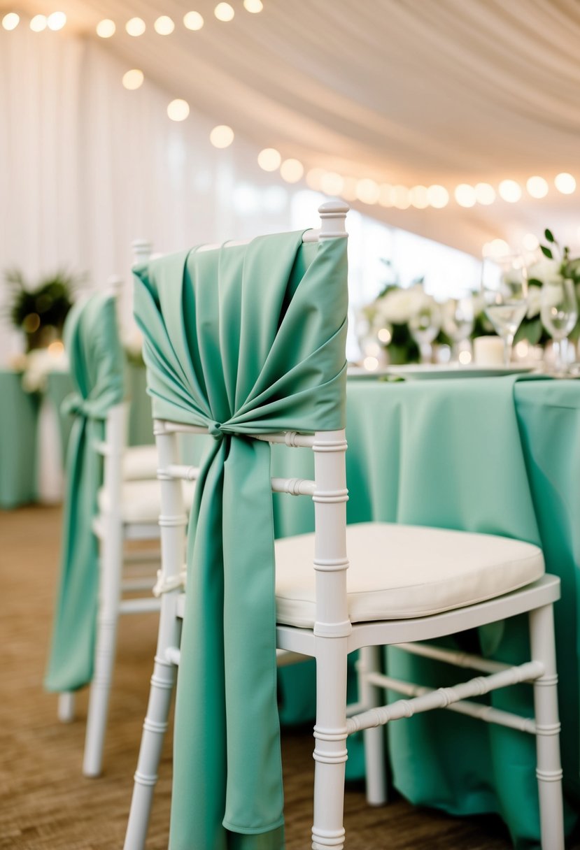 Sage green chair sashes tied with elastic bands adorn a wedding reception