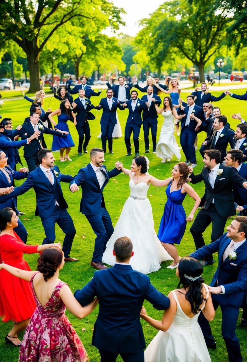 A group of friends gather in a park, forming a circle around the bride and groom. They begin to dance in unison, surprising the couple with a lively and joyful flash mob wedding celebration