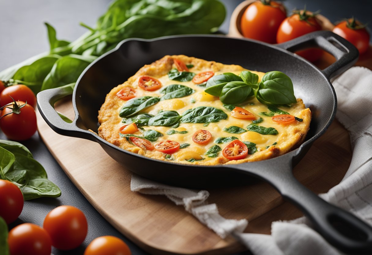 A colorful omelet sizzling in a hot skillet, surrounded by fresh spinach leaves and ripe tomatoes on a hotel room breakfast tray