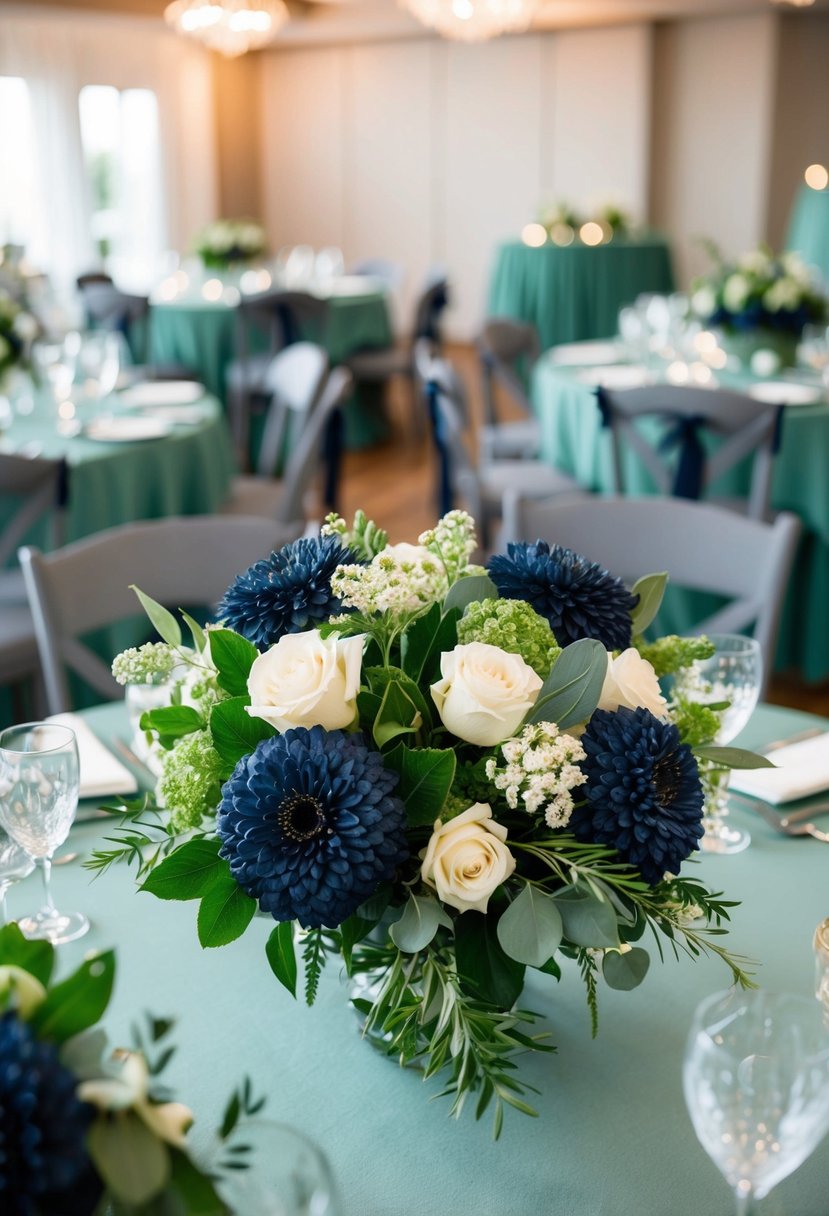 Lush navy and sage floral centerpieces adorn a wedding reception, adding a touch of elegance to the sage green decor