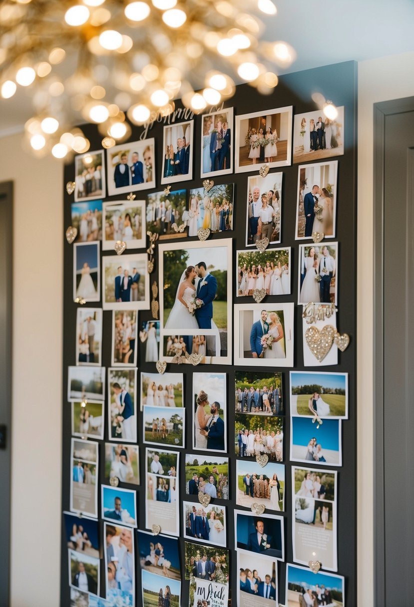 A memory wall adorned with photos of the bride and groom surrounded by heartfelt surprise ideas from friends