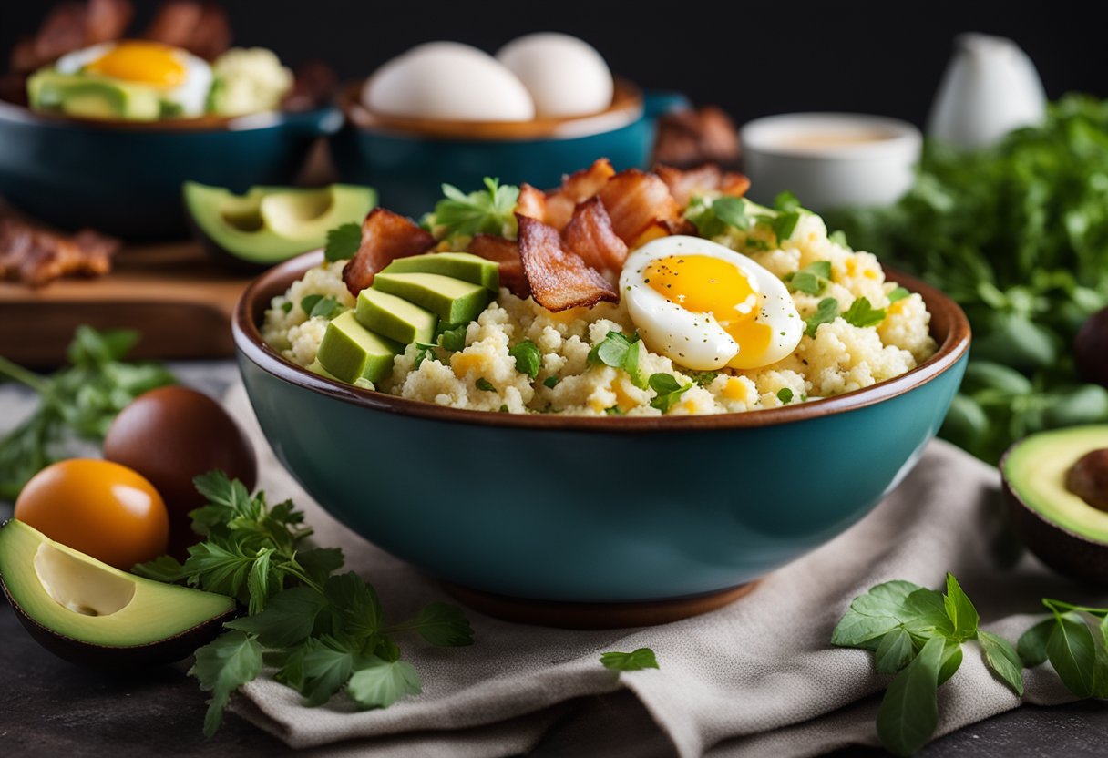 A colorful bowl filled with cauliflower rice, avocado, and eggs, surrounded by a variety of keto-friendly toppings like bacon, cheese, and fresh herbs