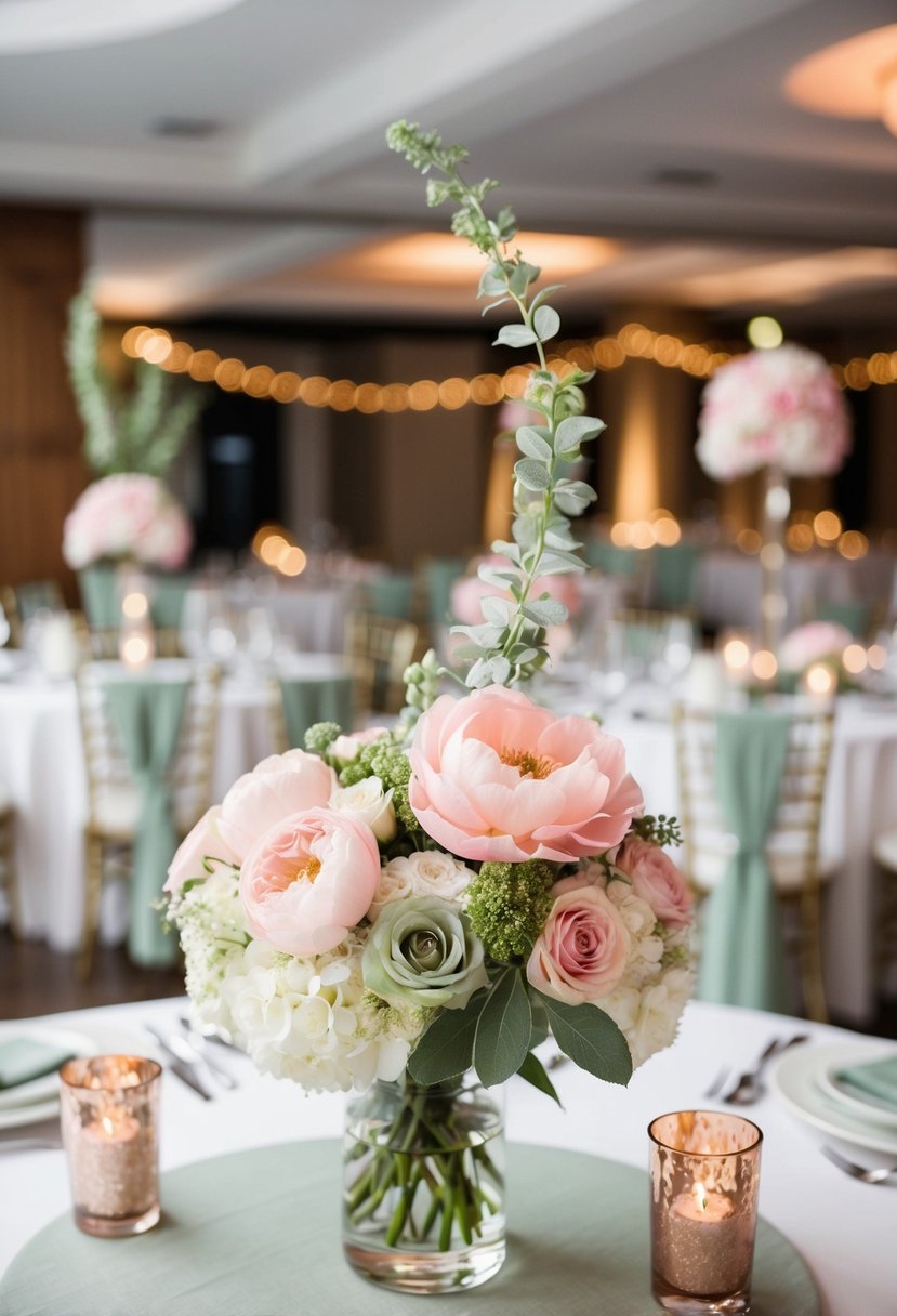 Soft pink flowers and sage green decor adorn a wedding reception