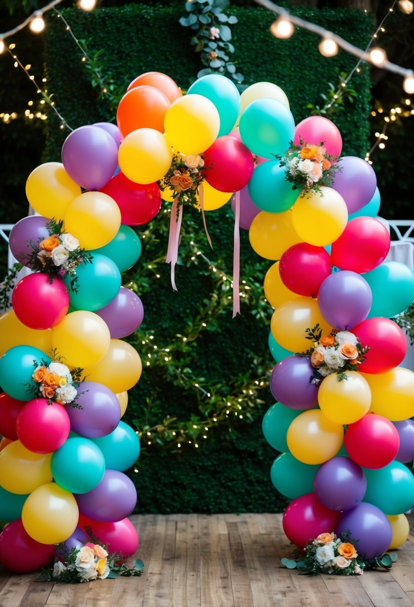 Colorful balloons arranged in arches and clusters, adorned with ribbons and flowers. A backdrop of greenery and twinkling lights sets the stage for a festive wedding celebration