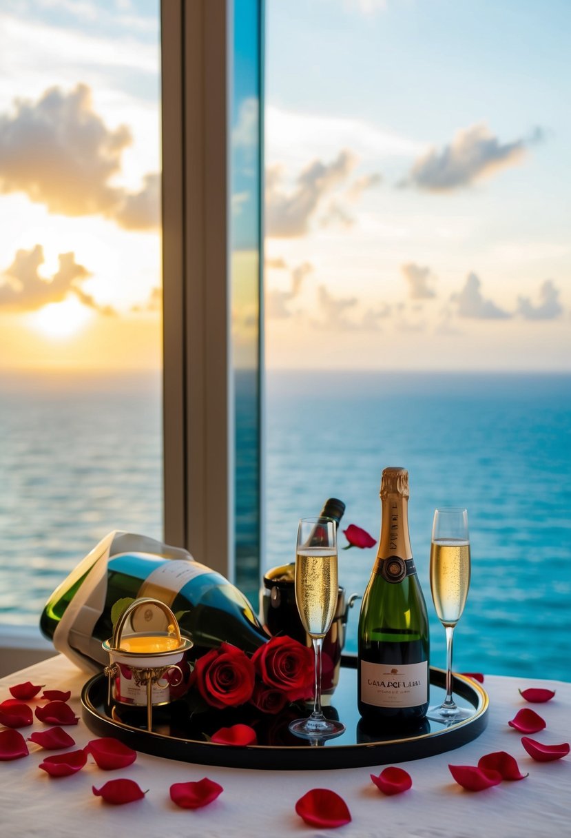 A luxurious hotel suite adorned with rose petals, champagne, and a stunning view of the ocean