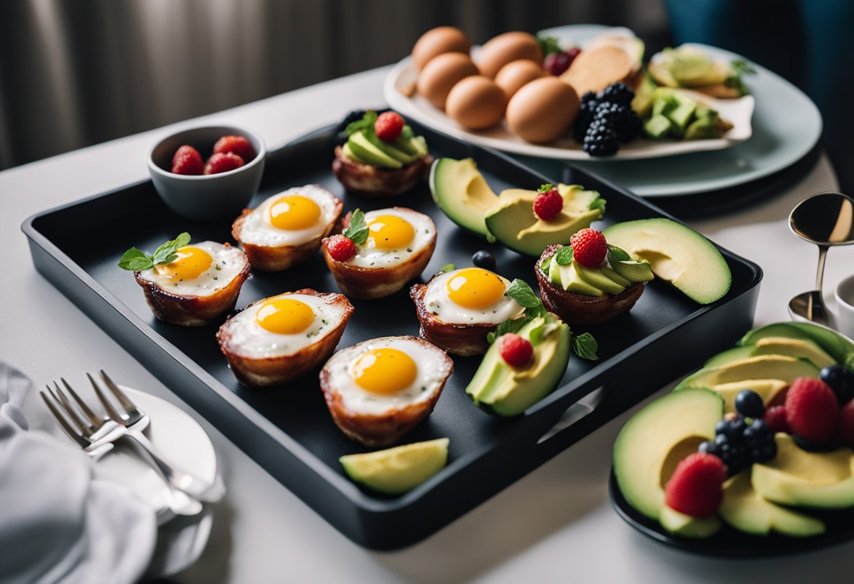 A tray with bacon and egg cups, avocado, and berries on a hotel room table