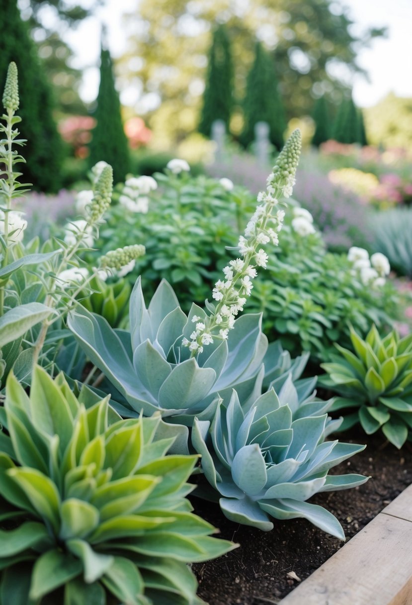 A lush garden with sage green foliage, blooming sage plants, and delicate green wedding decor accents