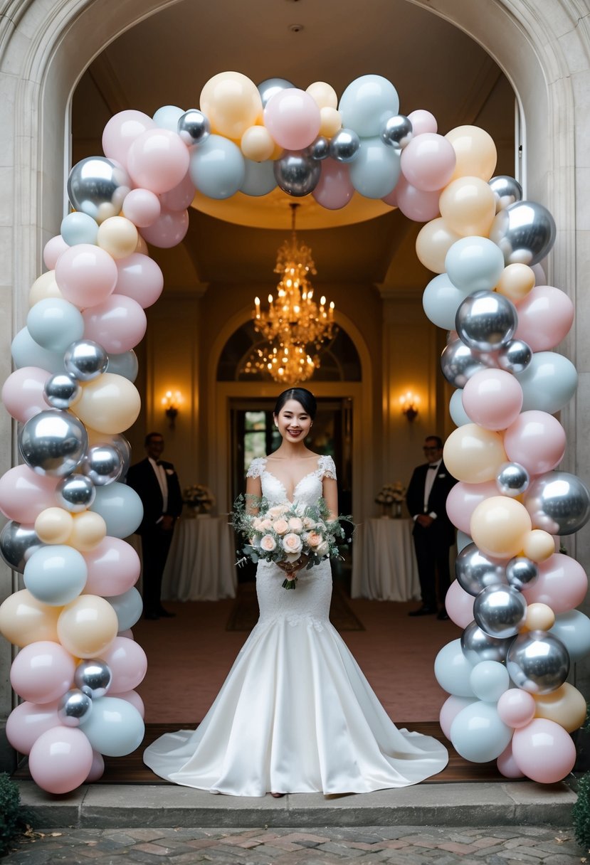 An elegant balloon arch frames the entrance to a wedding venue, with a mix of pastel and metallic balloons creating a whimsical and romantic atmosphere