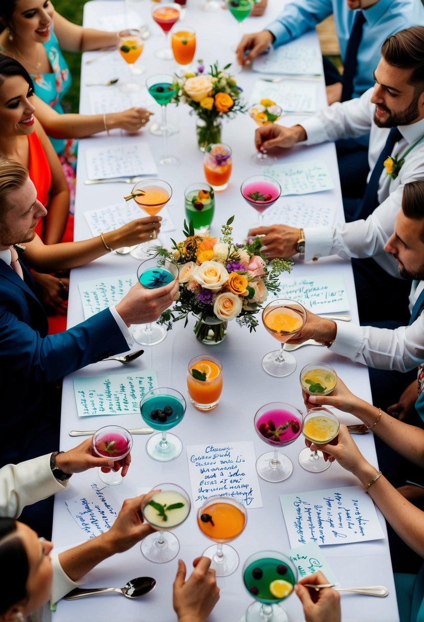 A table set with colorful cocktails and handwritten notes, surrounded by friends conspiring to surprise the bride and groom at their wedding