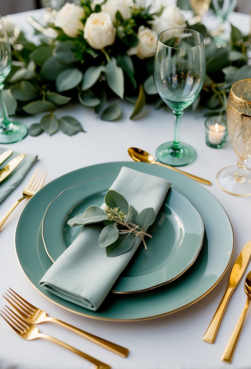 A table set with sage and gold cutlery, surrounded by sage green wedding decor