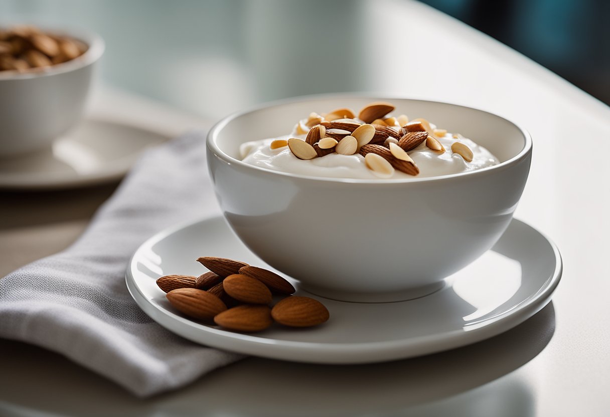 A bowl of Greek yogurt topped with almond butter and a sprinkle of sliced almonds sits on a hotel room table