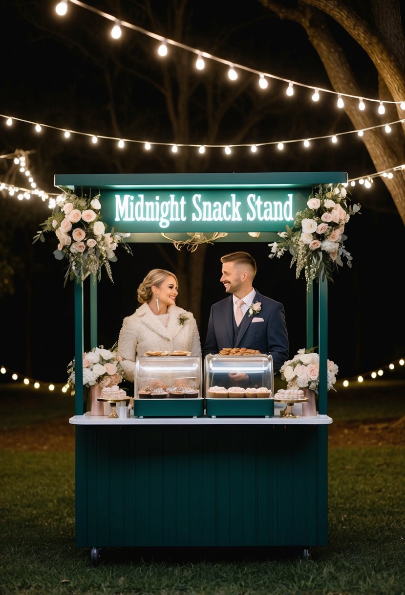 A cozy midnight snack stand adorned with the couple's favorite treats, surrounded by twinkling lights and floral decorations