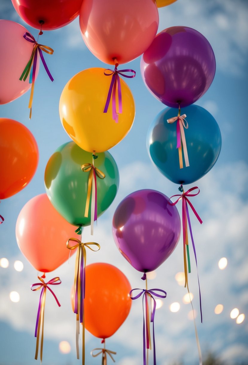 Colorful balloon bouquets floating in the air, tied with elegant ribbons, creating a festive and joyful atmosphere