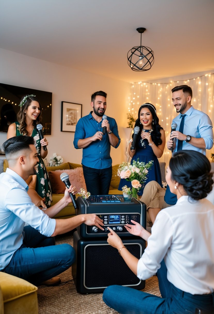 Friends gather in a cozy living room, setting up a karaoke machine and decorating with twinkling lights and flowers. They select meaningful songs for the bride and groom, creating a heartfelt surprise for the couple