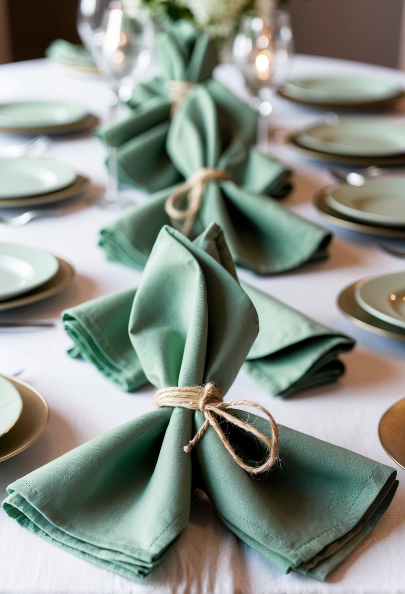 Sage green napkins neatly tied with twine, arranged on a table with matching decor