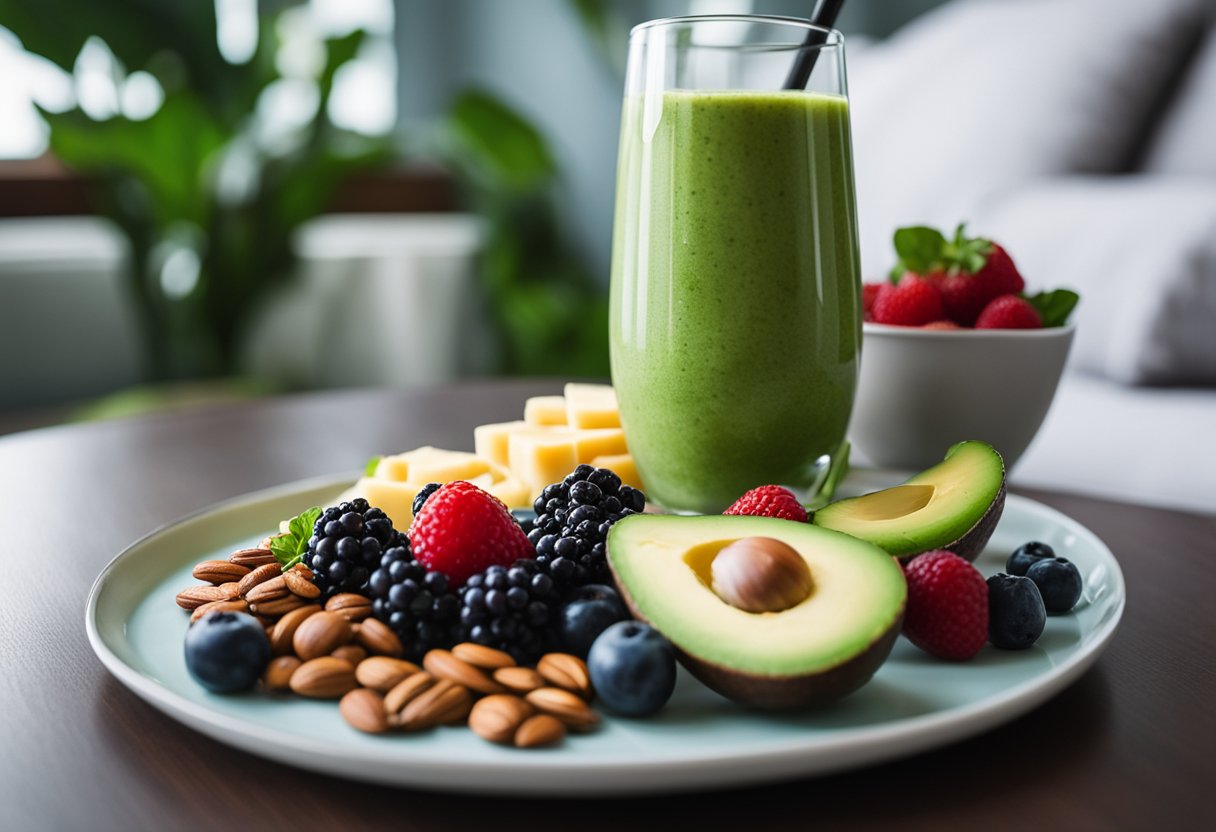 A colorful keto smoothie with spinach, berries, and avocado sits on a tray next to a plate of sliced cheese and nuts in a hotel room