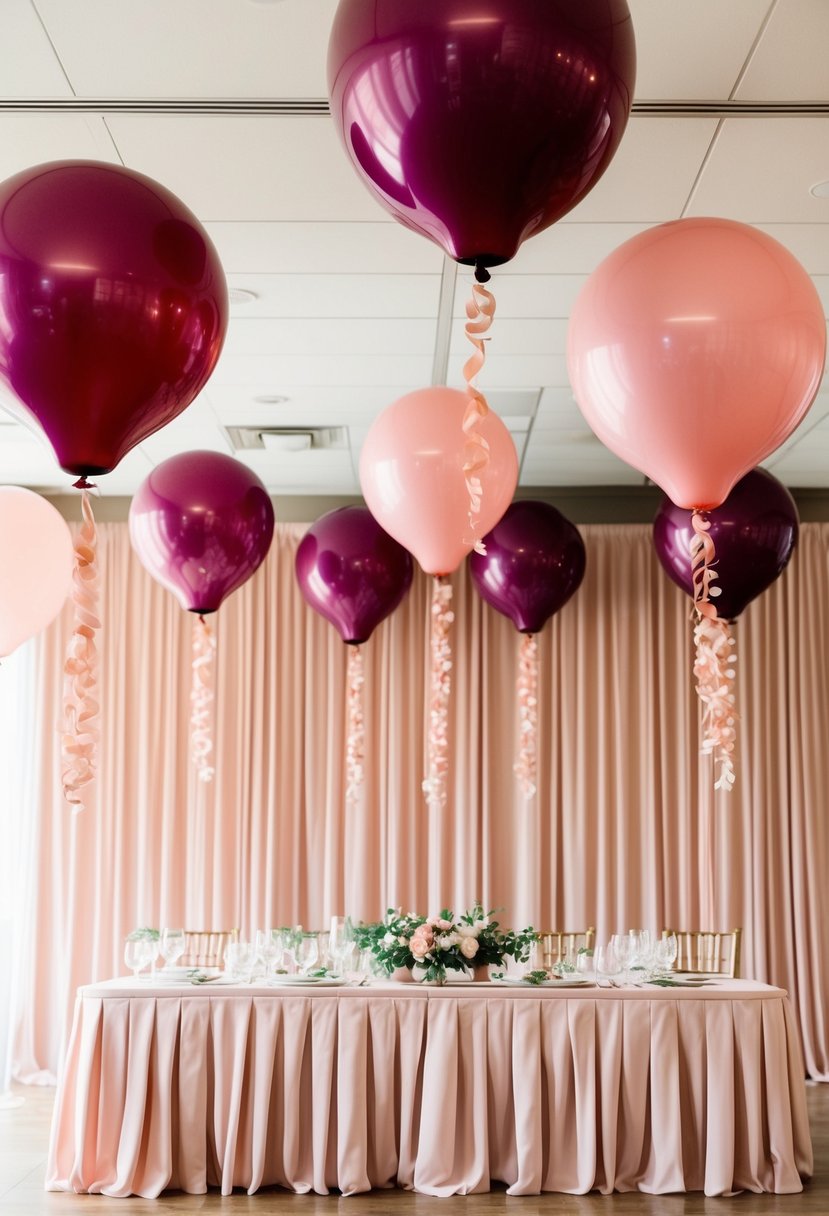 A wedding reception with burgundy and pink balloons floating above a blush-colored decor