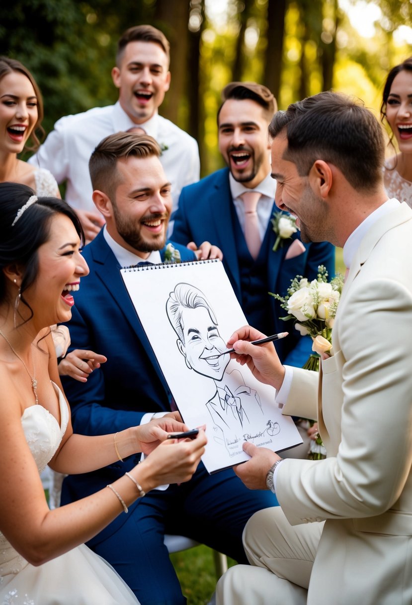 A caricature artist sketches the bride and groom at their wedding, surrounded by friends laughing and enjoying the surprise gift