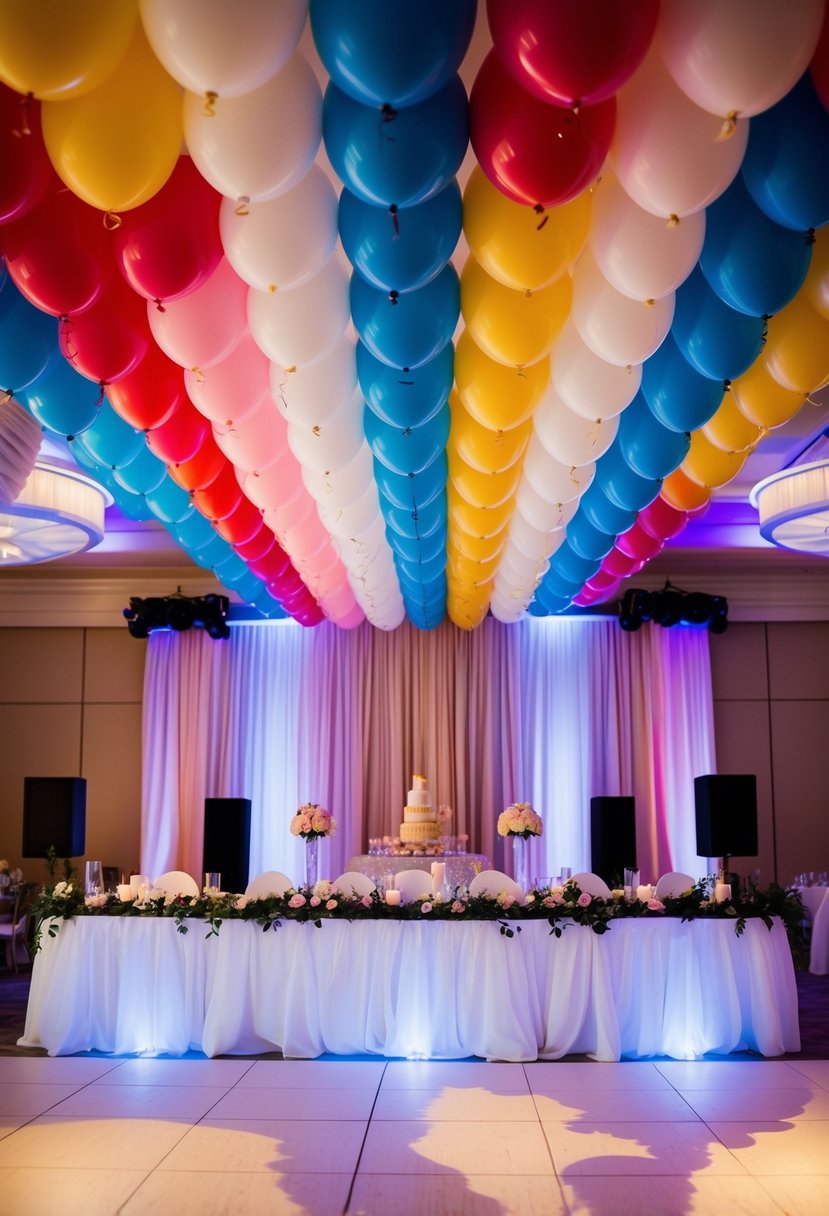 A colorful balloon garland hangs above a dance floor, creating a festive and romantic atmosphere for a wedding celebration