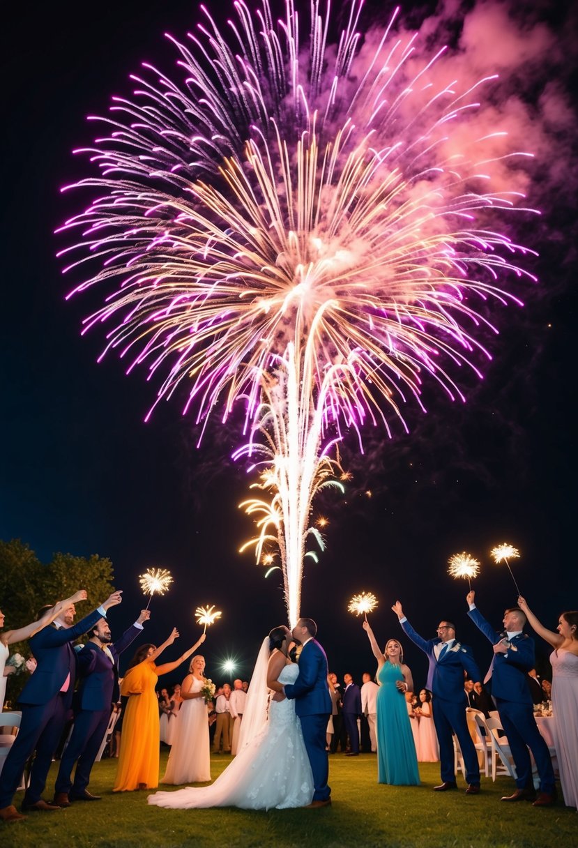 Colorful fireworks burst over a dark sky, illuminating a wedding venue. Excited friends gather to surprise the bride and groom with a stunning display