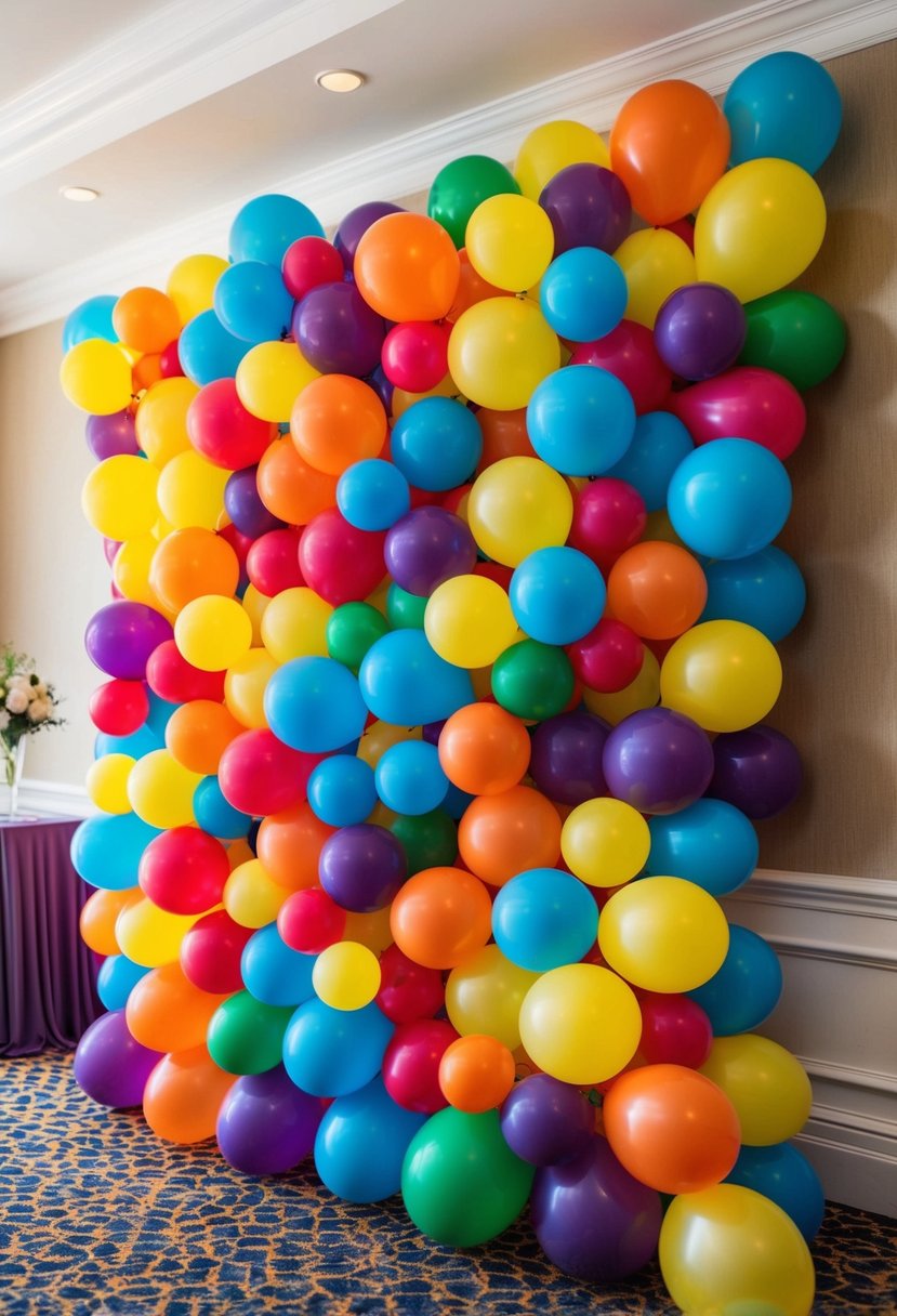 A colorful wall of balloons creates a vibrant and festive backdrop for a wedding photo