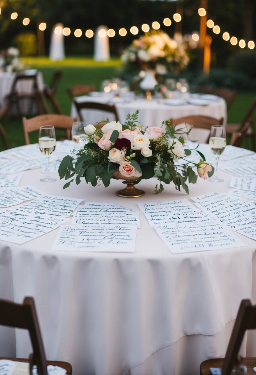 A table covered in handwritten letters, surrounded by flowers and wedding decor