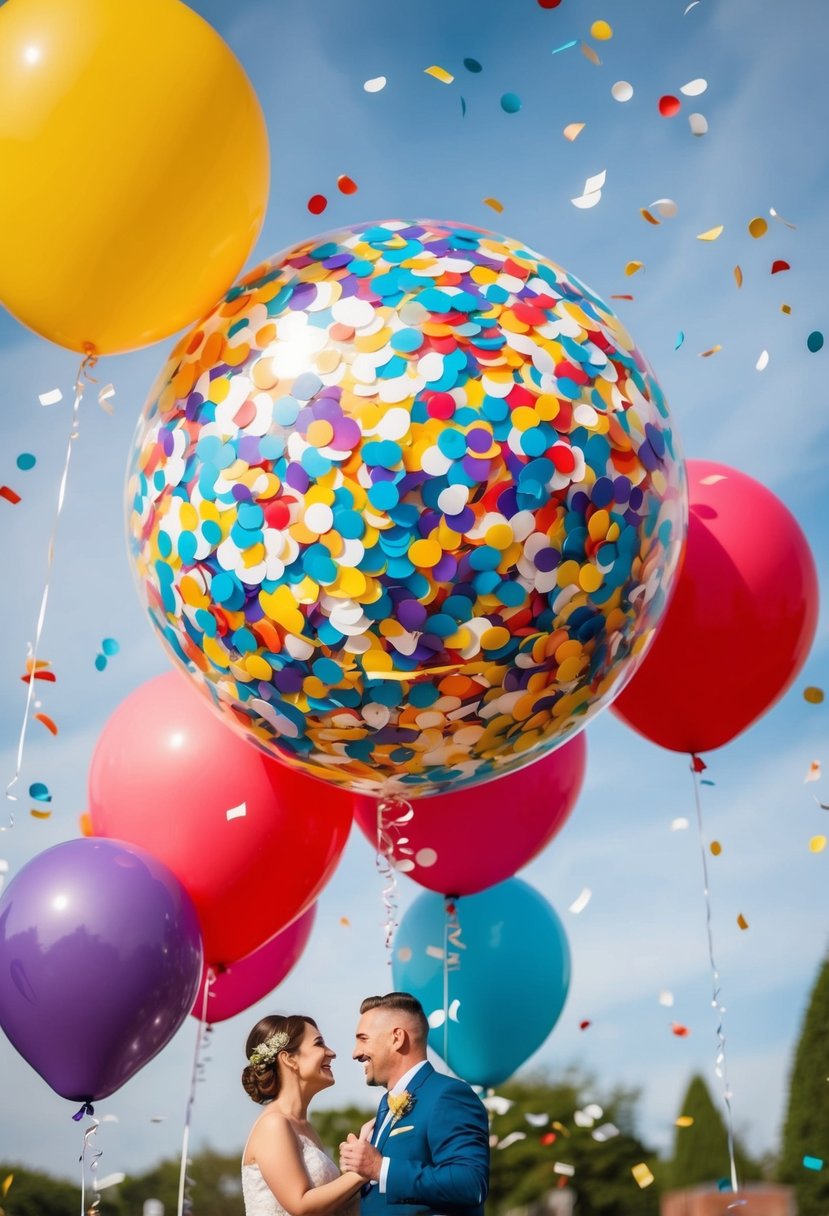 Giant colorful balloons filled with confetti floating above a festive wedding celebration