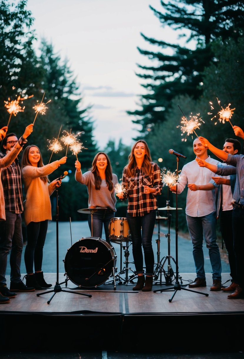 A stage set up with instruments and microphones, surrounded by friends holding sparklers and cheering