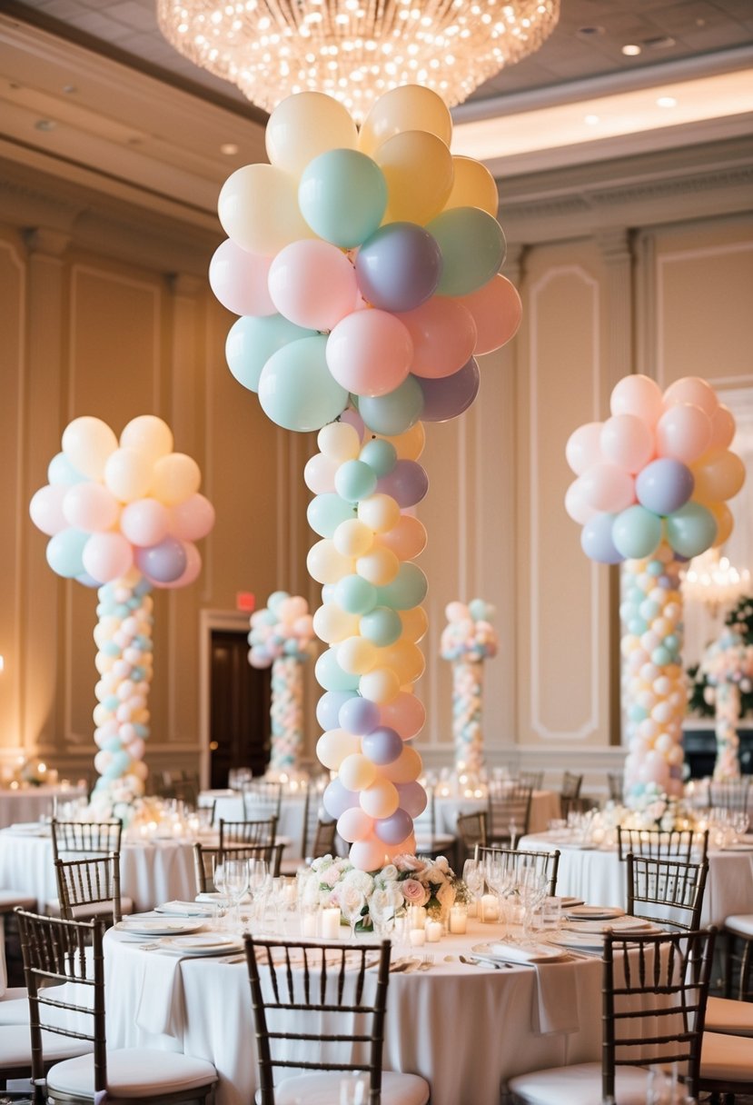 A grand ballroom with tall, elegant balloon centerpieces in soft pastel hues, adding a touch of whimsy and romance to the wedding reception