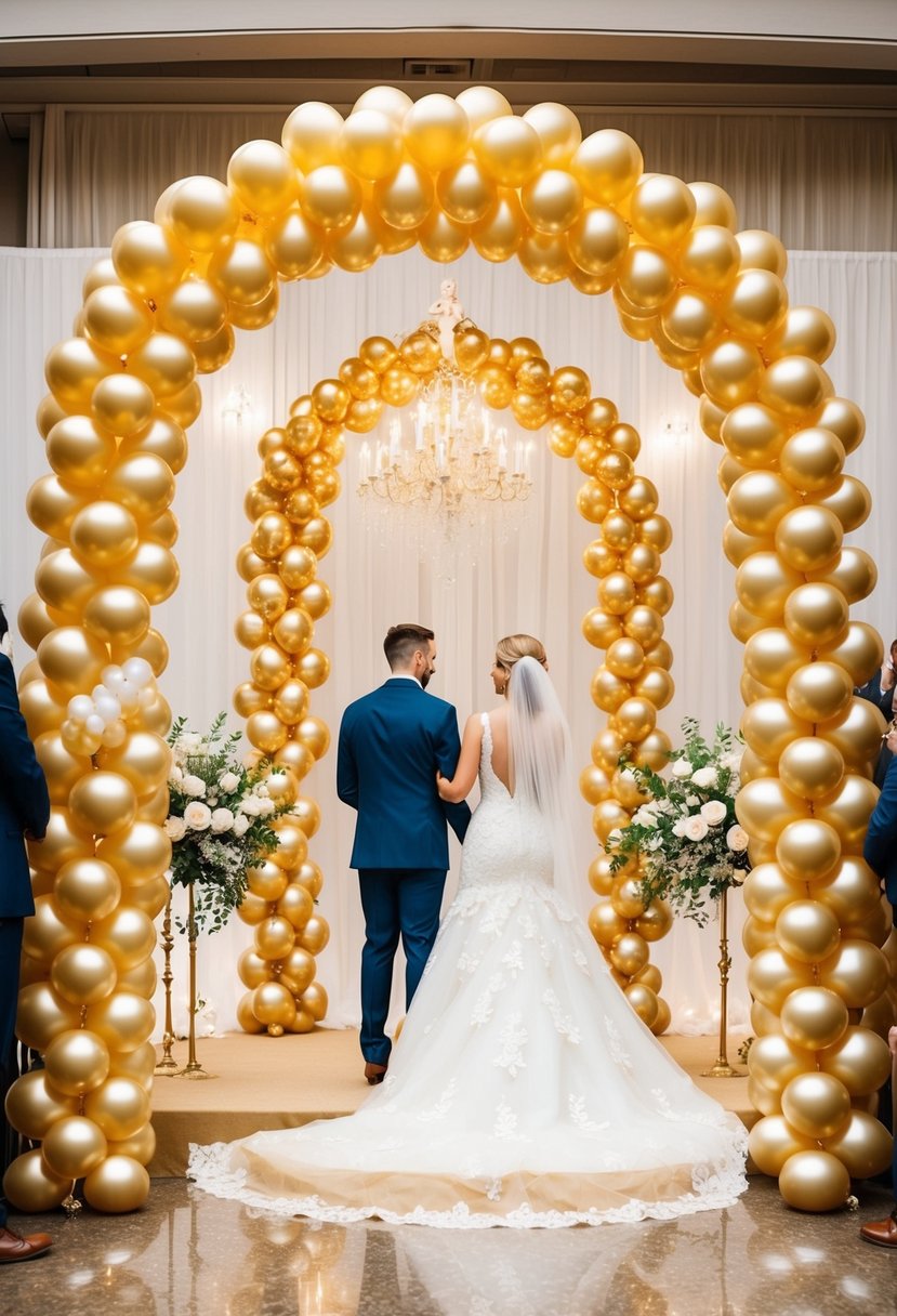 Golden balloon arches frame a wedding altar, creating a stunning entrance for the bride and groom