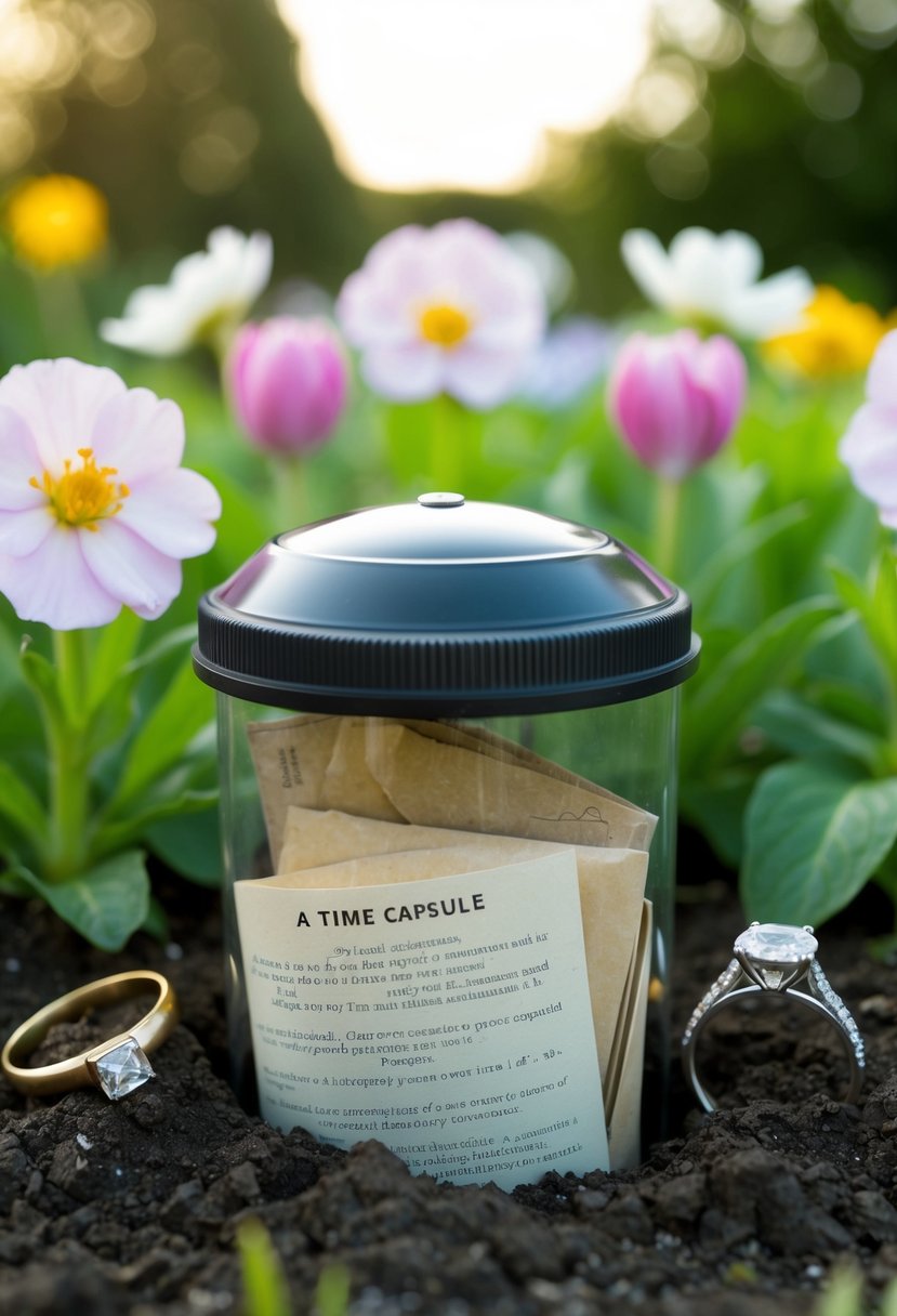 A time capsule buried in a garden, filled with letters and mementos, surrounded by blooming flowers and a wedding ring