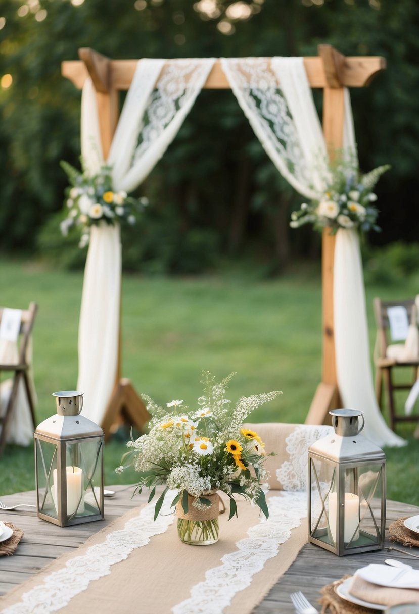 A wooden arch draped in lace and wildflowers, surrounded by vintage lanterns and burlap table runners adorned with mason jar centerpieces