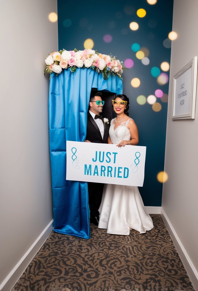 A photo booth with colorful props and a "just married" sign hidden in a corner, waiting to surprise the bride and groom