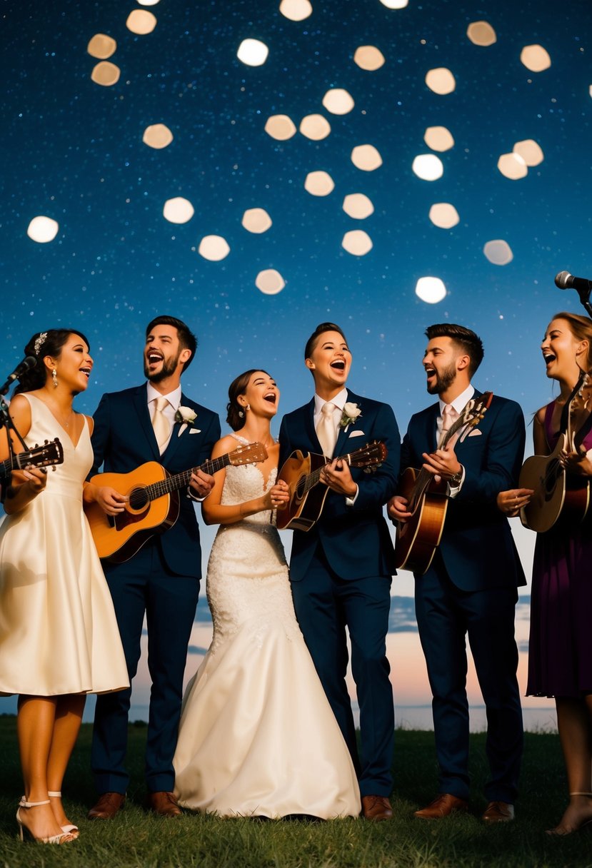 Friends gather around the bride and groom, holding musical instruments and singing their favorite love song under a starry night sky