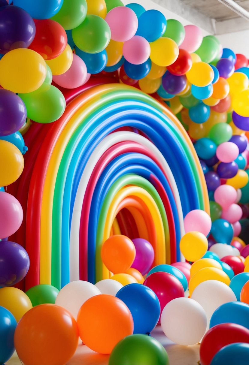 A colorful array of balloons in various sizes and shapes, arranged in a whimsical installation resembling a rainbow