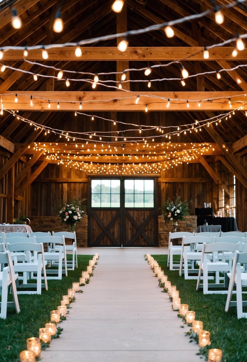 A barn is adorned with outdoor string lights, creating a rustic wedding ambiance