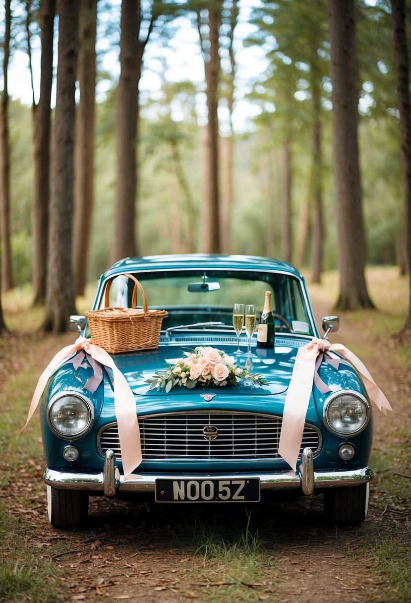 A vintage car adorned with ribbons and flowers awaits in a secluded forest clearing. A picnic basket and champagne sit in the backseat