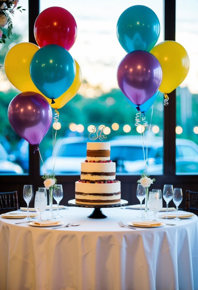 A table adorned with a tiered cake and colorful balloons, serving as wedding decor