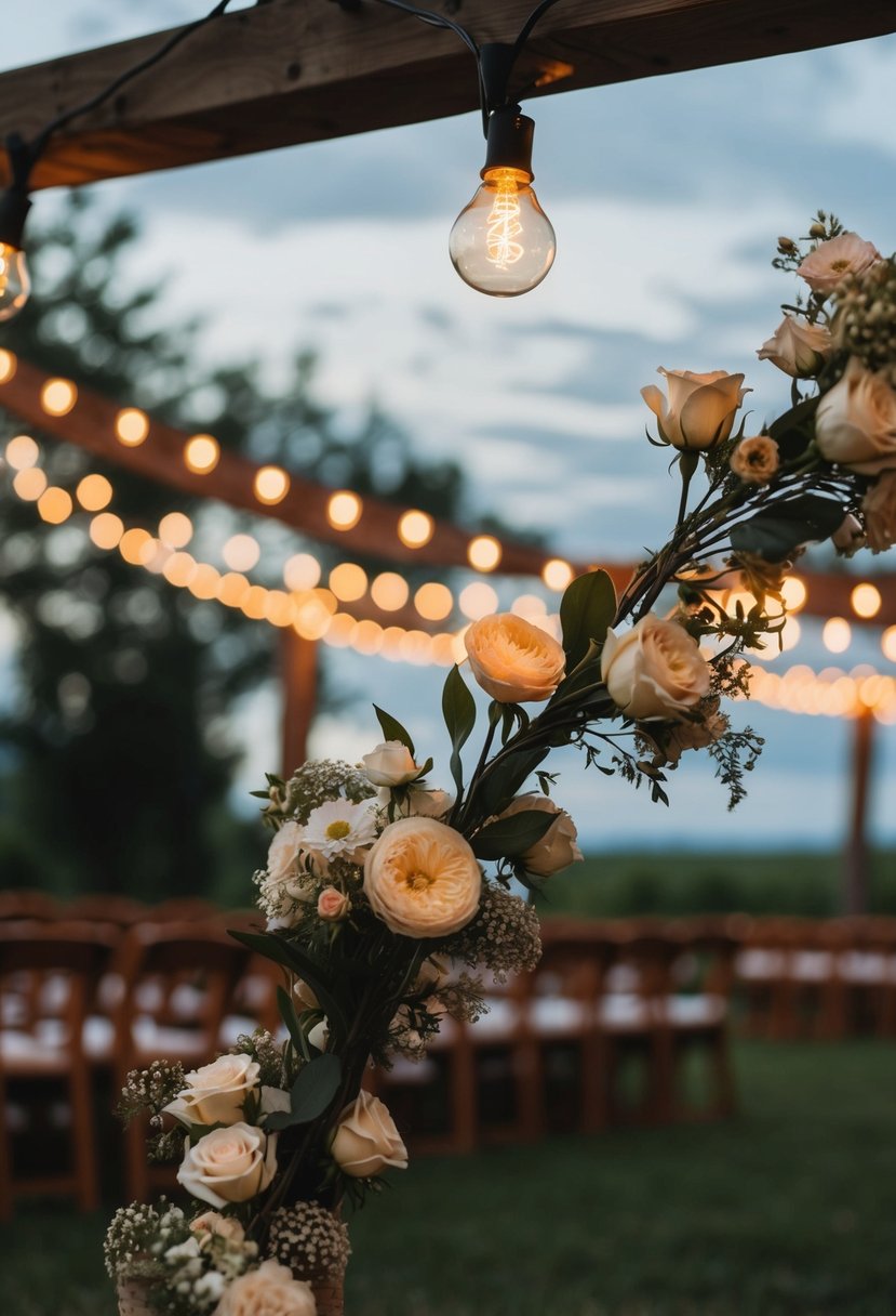 Dimly lit flowers and string lights adorn a rustic wedding scene