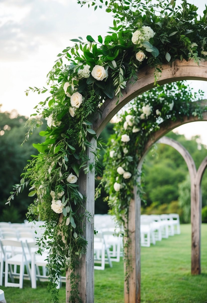 Lush greenery cascading over weathered wooden arches in a rustic wedding setting