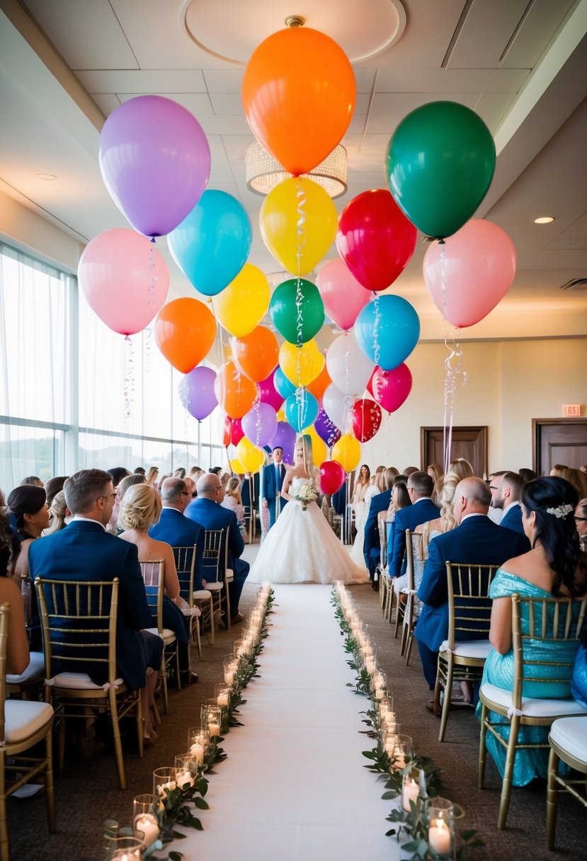 A train of colorful balloons floats through a wedding venue, creating a whimsical and joyful atmosphere for the bride's special day