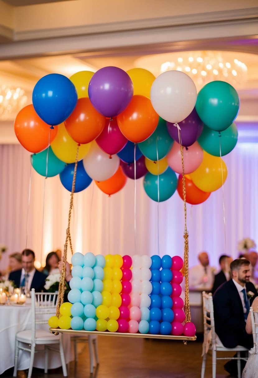 A whimsical swing made of colorful balloons floats above a wedding reception, adding a playful touch to the decor