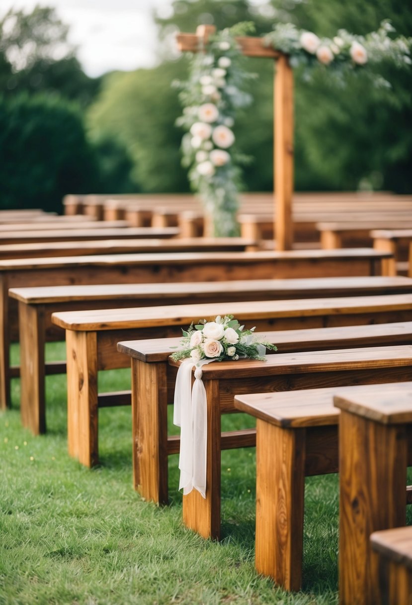 Rustic wooden benches arranged for a wedding ceremony