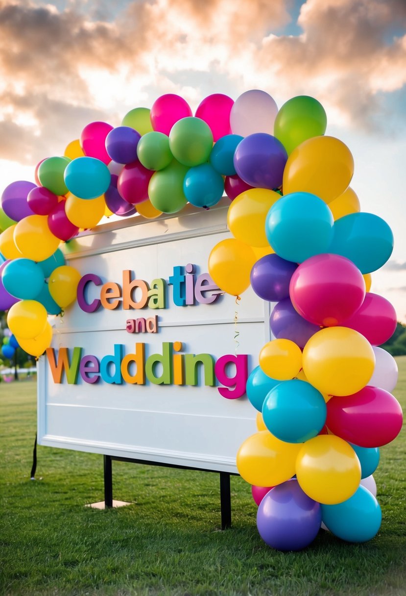 A large sign adorned with colorful balloons, creating a festive and celebratory atmosphere for a wedding