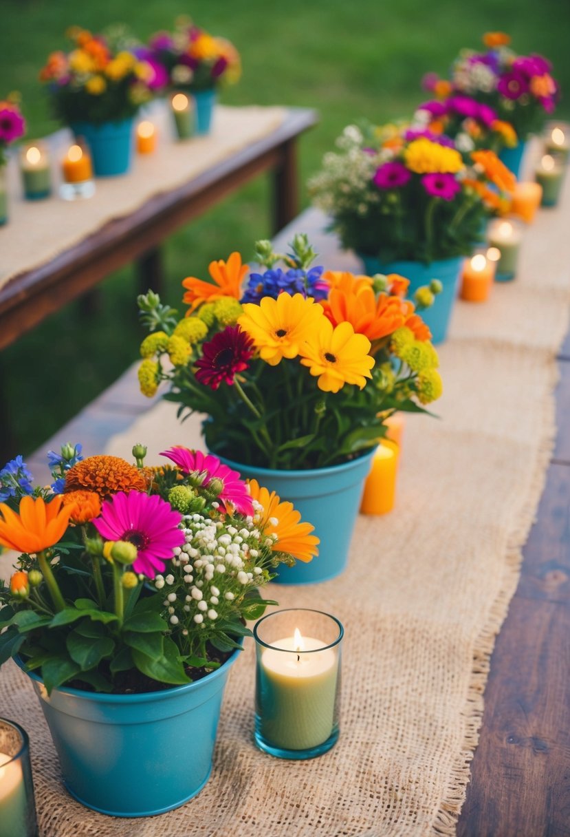 Colorful potted flowers arranged on wooden tables, surrounded by candles and burlap, in a rustic wedding setting