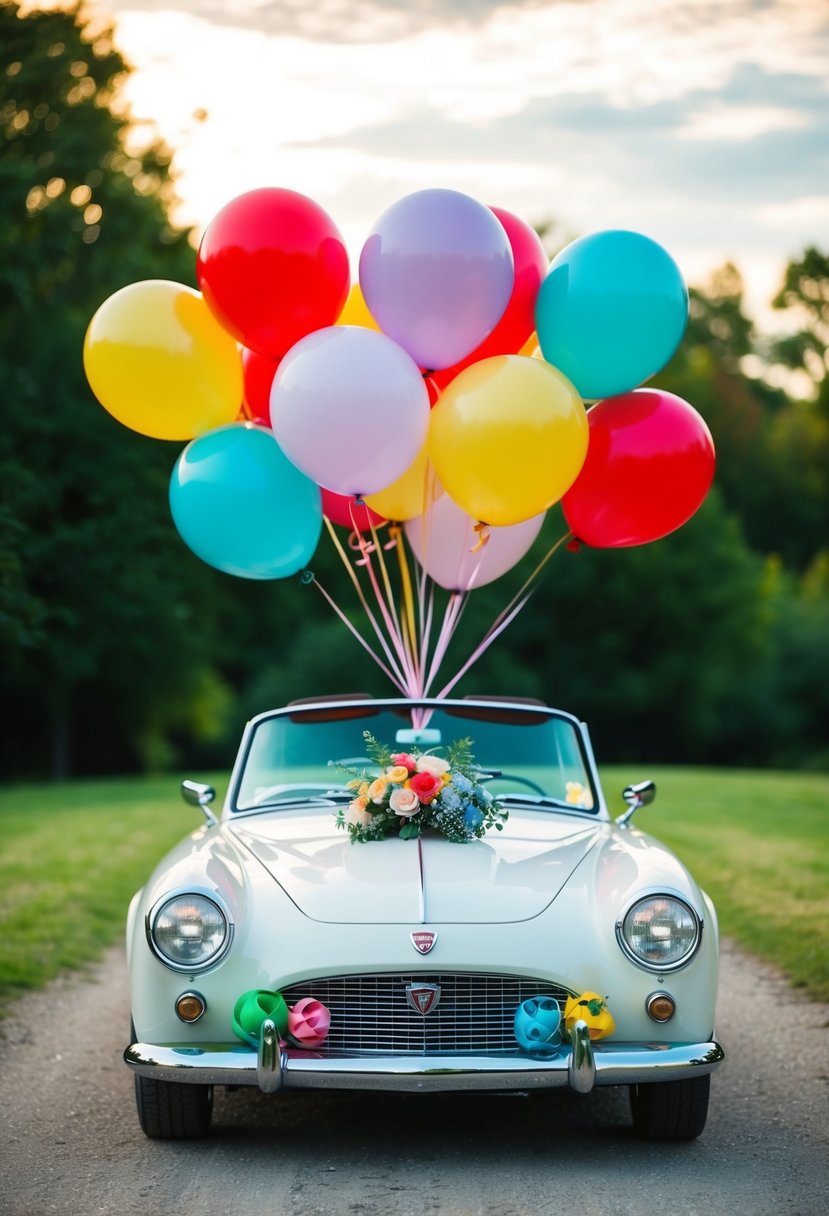 A vintage car adorned with colorful balloons, ready for a whimsical wedding getaway